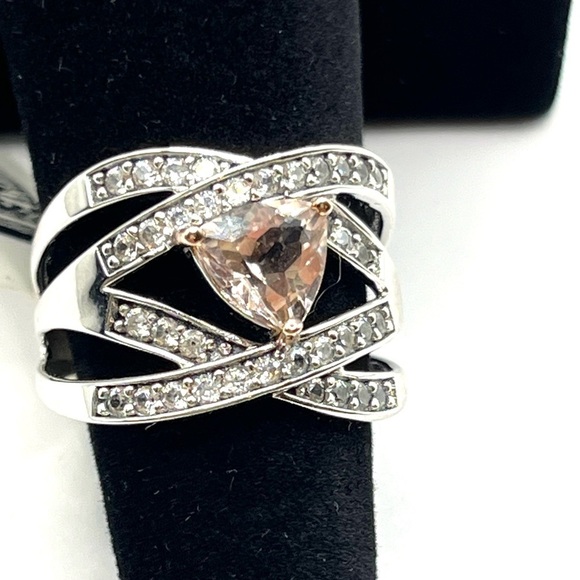 Ring Pink - Clear Quartz Anniversary or Wedding Band size 6 Sterling Silver 925 - Picture 3 of 11